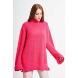 Mizalle Yüksek Yaka Oversize Fuşya Triko Kazak