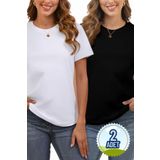 MK Mukko Kids Kadın Yetişkin 2'li Set Basic Düz Kısa Kol Tshirt-Pamuk Terletmez Basic Kadın Siyah/Beyaz Tişört Set