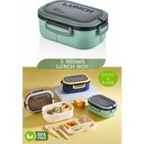 M&L Lunch Box 5 Bölmeli Taşınabilir Yemek Kabı Lunch Box Diyet Beslenme Kutusu Saklama Kabı Çatal Kaşık Sefer Tası - Yeşil