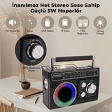 MMctech Nostalji Solar Enerjili Güneş Panelli Fm Radyo Şarj Edilebilir Bluetooth Hoparlör Rbg Işıklı Sd Kart USB ve El Fenerli - Siyah