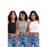 MMETALIC Kadın Siyah-Beyaz-Gri Fitilli Görünümlü Askılı Kalın Esnek Örme 3'lü Basic Crop Atlet Bluz M