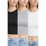 Mmetalic Kadın Siyah-Beyaz-Gri Fitilli Görünümlü Askılı Kalın Esnek Örme 3'lü Basic Crop Atlet Bluz - Siyah - Beyaz - Gri - XL