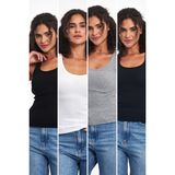 Mmetalic Kadın Siyah-Beyaz-Gri-Lacivert Fitilli Görünümlü Askılı Kalın 4'lü Basic Atlet Bluz MTLCB92 - XS - Siyah - Beyaz - Gri - Füme