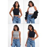 MMETALIC Kadın Siyah-Beyaz-Gri-Lacivert Fitilli Görünümlü Askılı Kalın Esnek Örme 4'lü Basic Crop Atlet Bluz L