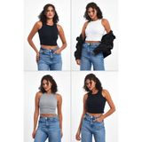 Mmetalic Kadın Siyah-Beyaz-Gri-Lacivert Fitilli Görünümlü Askılı Kalın Esnek Örme 4'lü Basic Crop Atlet Bluz - XL - Çok Renkli