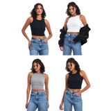 MMETALIC Kadın Siyah-Beyaz-Gri-Lacivert Fitilli Görünümlü Askılı Kalın Esnek Örme 4'lü Basic Crop Atlet Bluz XS