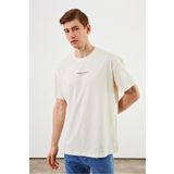mmetalic Leo Erkek Oversize Tshirt %100 Pamuk Bisiklet Yaka Baskı Detaylı Basic Ekru Tişört