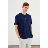 mmetalic Leo Erkek Oversize Tshirt %100 Pamuk Bisiklet Yaka Baskı Detaylı Basic Lacivert Tişört