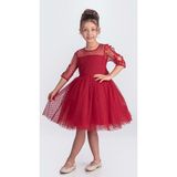 Mnk Baby & Kids Dantel Puanlı, Uzun Kol Prenses Kız Çocuk Elbise M00707 - Kırmızı - 12 Yaş