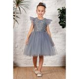Mnk Baby & Kids Gri Küpeli Pul Payet Tüllü Kız Çocuk Elbise Özel Olaylar İçin Şık Stil - 7 Yaş
