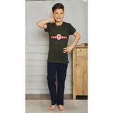 Mnk Baby & Kids Kısa Kol Tişört , Uzun Pantolon Baskılı Erkek Çocuk Pijama M00673 - Haki - 8 Yaş