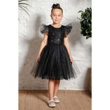 Mnk Baby & Kids Kız Çocuk Elbise MNK0526 Küpeli Pul Payet Tüllü Özel Olay İçin Şık Tasarım - Siyah - 9 Yaş