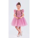 Mnk Baby & Kids Kız Çocuk Nakışlı Tütü Etek Elbise Pembe MNK0578 Kısa Kol Yarasa Stil - 7 Yaş