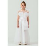 Mnk Baby & Kids Kız Çocuk Organze Tül Çiçek ve Fiyonk Detaylı Gipe Sırtlı Prenses Abiye Elbise M00800 - 11 - 12 Yaş - Beyaz