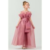 Mnk Baby & Kids Kız Çocuk Organze Tül Çiçek ve Fiyonk Detaylı Gipe Sırtlı Prenses Abiye Elbise M00800 - 6 - 7 Yaş - Gül Kurusu