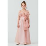 Mnk Baby & Kids Kız Çocuk Organze Tül Çiçek ve Fiyonk Detaylı Gipe Sırtlı Prenses Abiye Elbise M00800 - 7 - 8 Yaş - Pudra