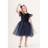 Mnk Baby & Kids Küpeli Pul Payet Tüllü Kız Çocuk Elbise MNK0526 - Koyu Lacivert - 5 Yaş