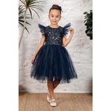 Mnk Baby & Kids Küpeli Pul Payet Tüllü Kız Çocuk Elbise MNK0526 - Lacivert - 10 Yaş
