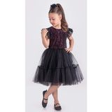 Mnk Baby & Kids Pul Payet Katkat Tütü Etekli Kız Çocuk Elbise M00722 - Siyah - Fuşya - 8 Yaş