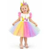 Mnk Baby & Kids Unicorn Temalı Rengarenk Etekli Kız Çocuk Parti Elbisesi Özel Günler İçin - 8 Yaş - Pembe