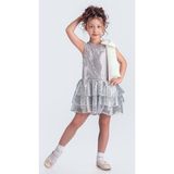 Mnk Baby & Kids Yaka Fiyonk Pul Payet Kumaşlı Kız Çocuk Abiye Elbise M00702 - Gümüş - 6 Yaş