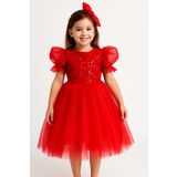 Mnk Baby&Kids Balon Kol Pul Payet Kız Çocuk Tütü Elbise M00751 KIRMIZI