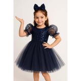 Mnk Baby&Kids Balon Kol Pul Payet Kız Çocuk Tütü Elbise M00751 LACİVERT