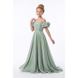 Mnk Baby&Kids Linos Kız Çocuk Saten Abiye Elbise M00838 YEŞİL