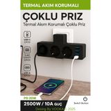 MO DOU Akıllı Priz Termal Korumalı 3 Prizli Çoklu Akım Prizi | 3 USB-A + 1 USB-C 2500W 10A PD 20W