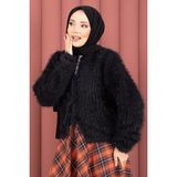 Mo Vera Önden Bağlamalı Peluş Hırka Siyah - Standart