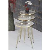 mobecohome Mobeco Home 3 Lü Zigon Sehpa- Yuvarlak Efes Mermer Desenli Gold Metal Ayak