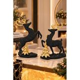 Mobee Siyah Altın Boynuzlu Ikili Geyik Ailesi Figürü Dekoratif Biblo Seti 14X18 cm 1-13