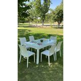 MOBETTO Rattan Large Camlı Beyaz Masa Takımı Bahçe&balkon 1 Camlı Masa + 6 Sandalye