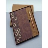 Mobgift Yan Tarafı Mozaik Desenli Deri Defter Kalem Tasarım Kutulu Hediye Seti - Kahverengi
