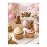 mobi dükkan Pembe Şapkalı Küçük Ayıcık Cupcake ve Pasta Süsü 4'lü Set Sevimli Ayı Figürü 5 cm Çıkarılabilir Bambu Çubuklu Figür - Baby Shower Dekoru