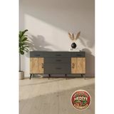 Mobihobi Luna Konsol: 5 Çekmeceli, 2 Raflı, 2 Kapaklı Antrasit-Çam 176X44x83