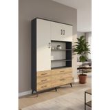 mobihobi Silva Dolap 9 Raflı 5 Çekmeceli 3 Kapaklı 132x30x195 Antrasit-Aytaşı/Çam - Kitaplık - Vitrin - Dolap - Modüler - Çalışma Odası - Kütüphane - Çok Amaçlı Dolap - Ofis - Evrak Dolabı