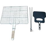 Mobilreyon Mangal Aksesuar Seti 3 Parça, Ahşap Saplı Tel Izgara 30X40CM - Köz Maşası - Yelpaze - Çok Renkli - Standart