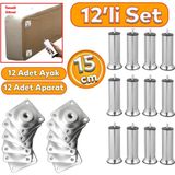 Mobilya Kanepe Baza Koltuk Çekyat 15 Cm Krom Metal Yükseltme Ayağı Ayakları M8 Aparatlı 12'Li Set