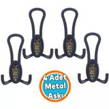 Mobilya Portmanto Vestiyer Duvar Banyo Askısı Metal Dolap Elbise Askılığı Mat Siyah Desenli 4 Adet