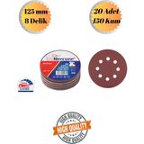 mobilyap Mercure 20 Adet 150 Kum 8 Delikli 125 mm Cırt Zımpara Kağıdı El Zımparaları Avuç Içi Spiral Taşlama - Kırmızı