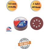 mobilyap Mercure 5 Adet 60 Kum 8 Delikli 125 mm Cırt Zımpara Kağıdı El Zımparaları Avuç Içi Spiral Taşlama - Kırmızı