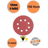 mobilyap Sia 5 Adet 150 Kum 8 Delikli 125 mm Cırt Zımpara Kağıdı El Zımparaları Avuç Içi Spiral Taşlamalı - Kırmızı