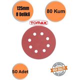 mobilyap Tomax 50 Adet 80 Kum 8 Delikli 125 mm Cırt Zımpara Kağıdı El Zımparaları Avuç Içi Spiral Taşlamalı - Kırmızı