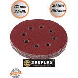 mobilyap Zenflex 20 Adet 100 Kum 8 Delikli 125 mm Cırt Zımpara Kağıdı El Zımparaları Avuç Içi Spiral Taşlama - Kırmızı