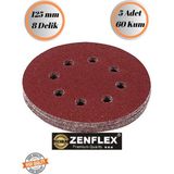 mobilyap Zenflex 5 Adet 60 Kum 8 Delikli 125 mm Cırt Zımpara Kağıdı El Zımparaları Avuç Içi Spiral Taşlama - Kırmızı