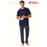 Mod Collection 3416 Erkek Düğmeli Yaka Kısa Kollu Çizgili %100 Pamuklu Rahat Kalıp Pijama Takım