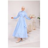 MODA 1725 MODAL KUMSAŞ BROŞ DETAYLI YANDAN BAĞLAMALI YENİ SEZON ELBİSE BEBE MAVİSİ