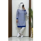 MODA ALMİRA 8770 K30 YENİ SEZON ÇİZGİLİ SAKS BÜYÜK BEDEN TUNİK