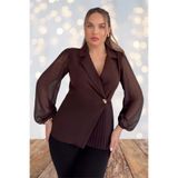 Moda Amore Metal Düğmeli Tül Kollar ve Pilise Detaylı Kadın Bluz 033